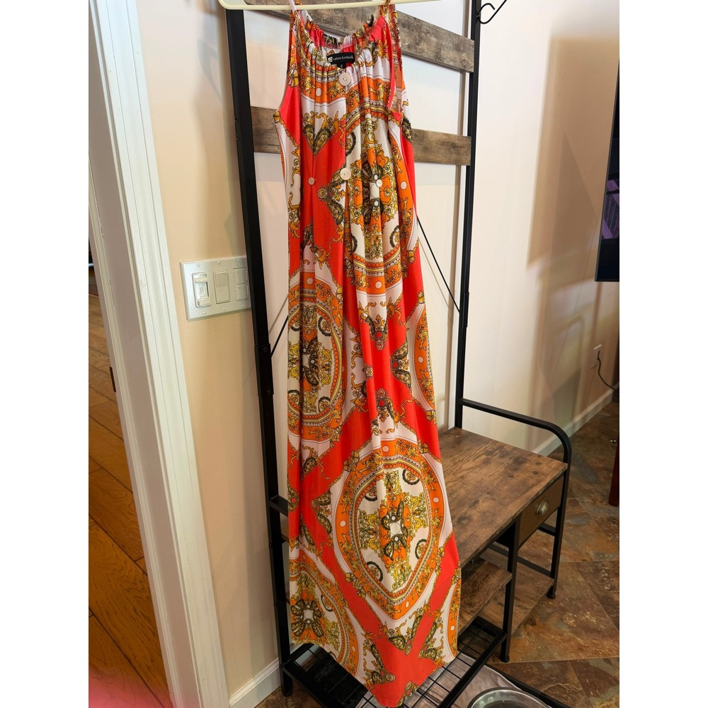 Discontinued Valerie Bertinelli Medallion Print Maxi Dress Orange Scarf Print 6 - Picture 2 of 5